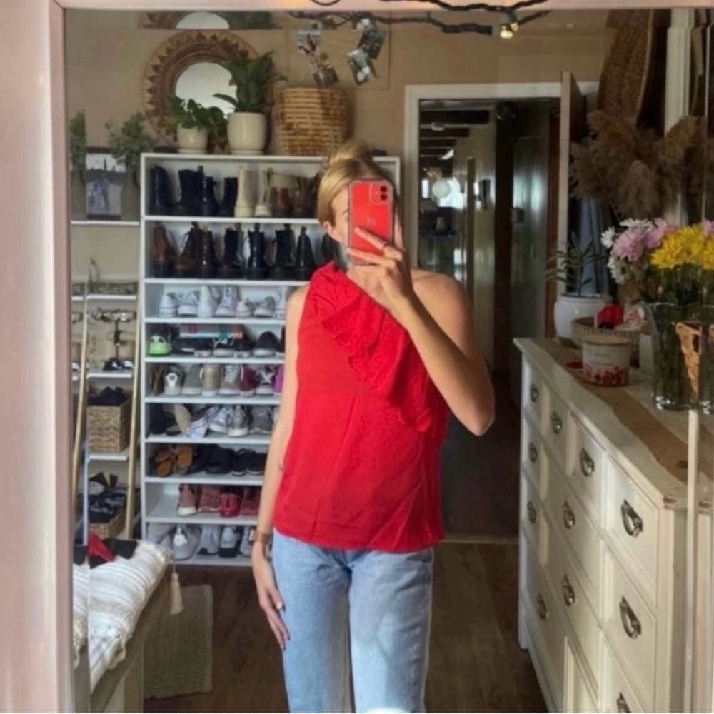 Shein one Shoulder ruffle Red Blouse